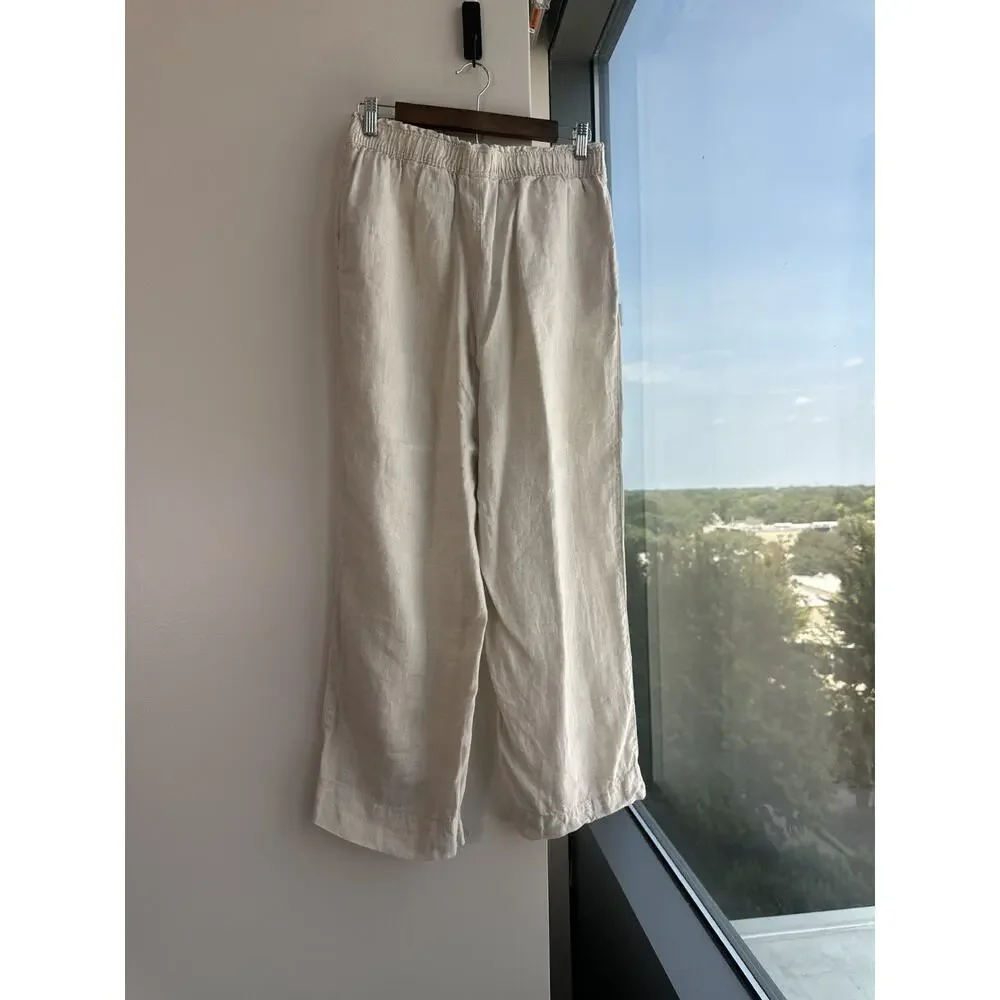 H&M Light Beige 100% Linen loose Wide Leg Trouser Fit Summer Classic Pants Sz M